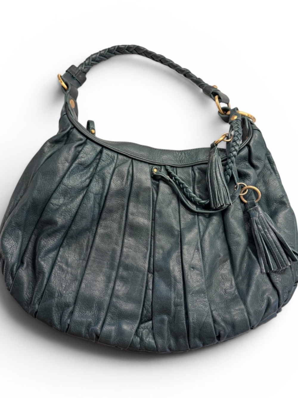 RARE Sabina New York Teal Genuine Leather Tassel Hobo Bag Y2K Boho Luxe